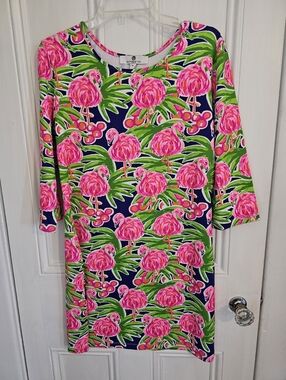 Jean-Pierre Klifa Womens Large Daphne Dress Flamingo Palms Stretch 3/4 Sleeves